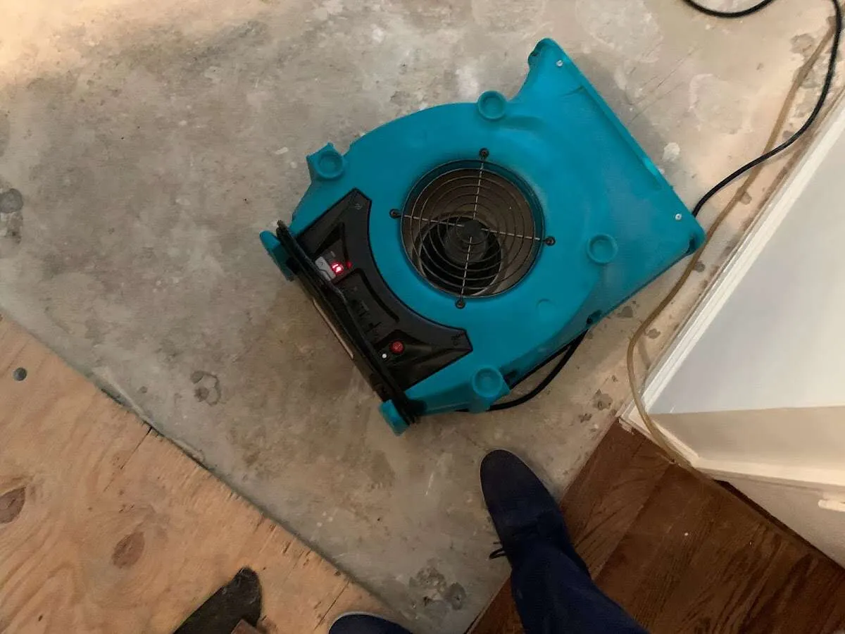 Air mover drying subfloor during Commercial Water Damage Restoration in Hazelwood